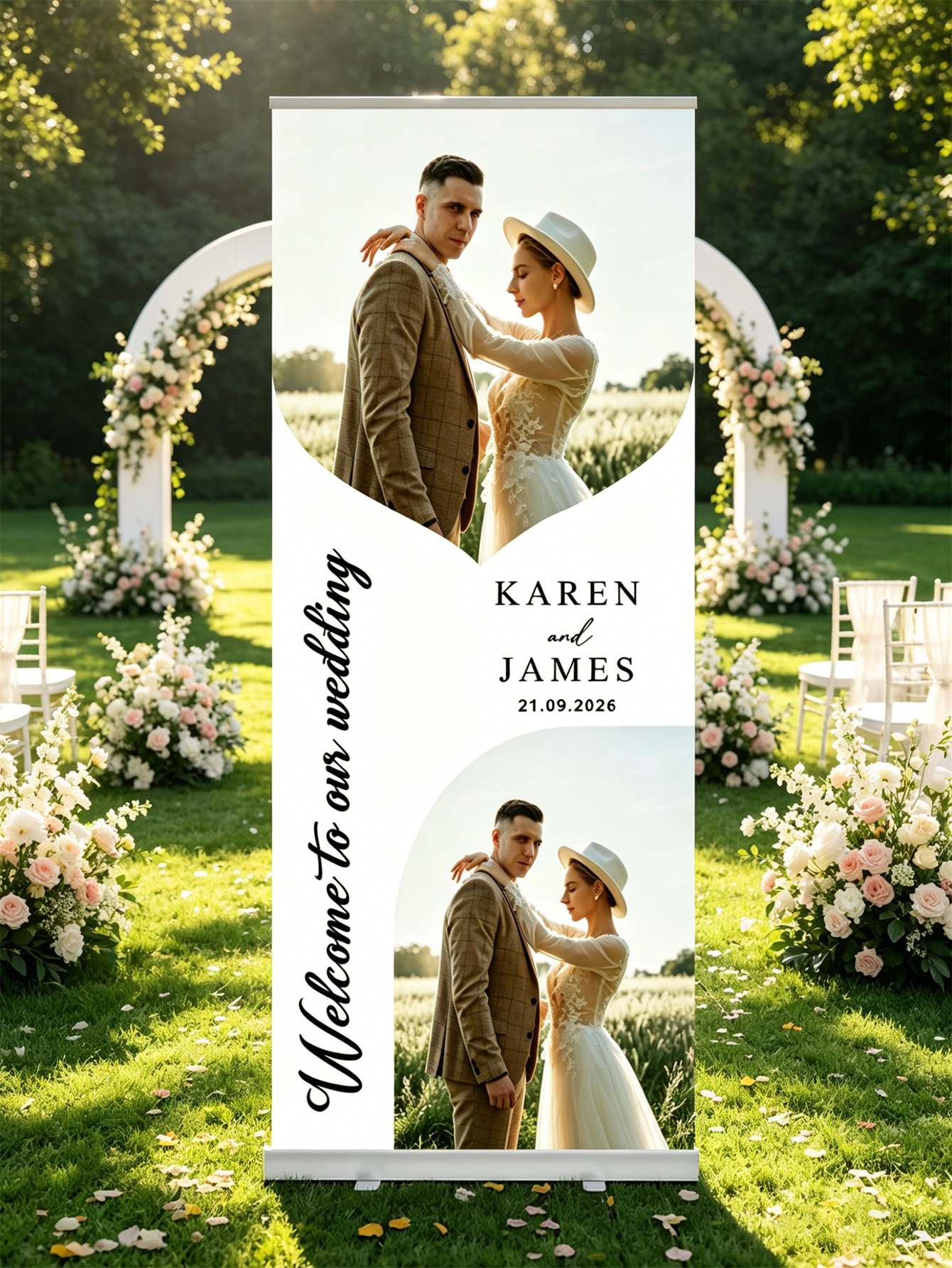 Customized wedding retractable banners - personalized photo wedding welcome signs, reception decorations and background curtains